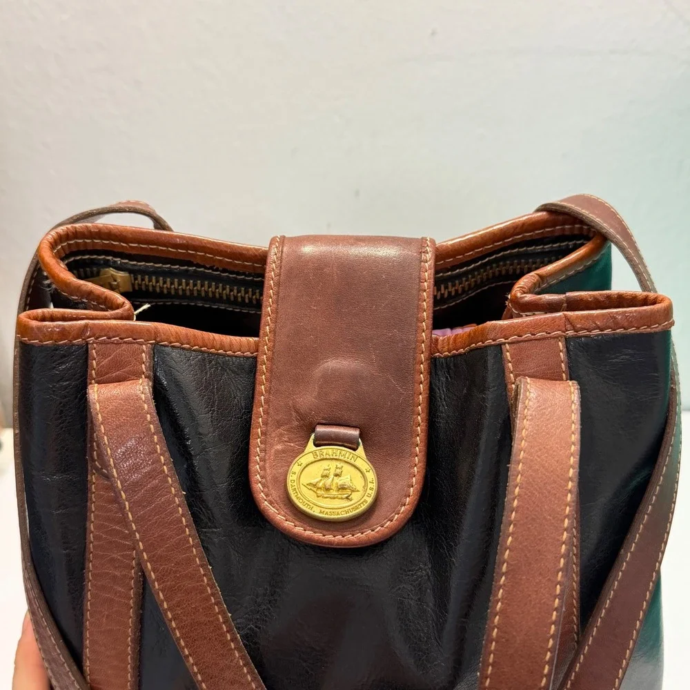 Vintage Brahmin Black Brown Leather Bucket Bag‎ Shoulder Bag USA Made Gold Logo